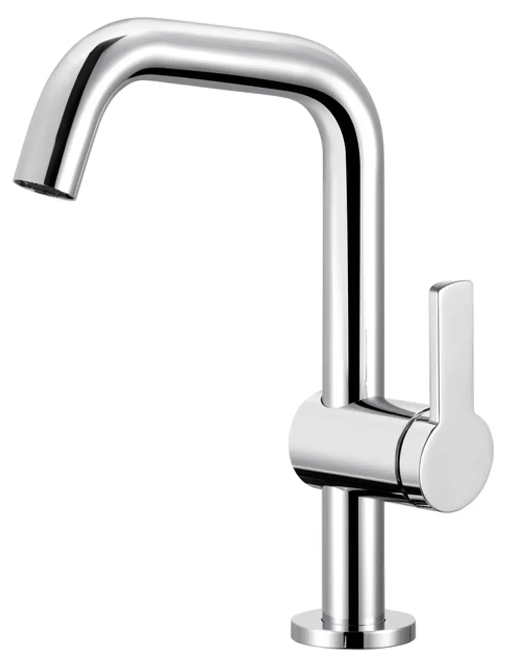 Verchromter Wassermischer von Keuco mit einem geschwungenen Auslauf und einem seitlichen Hebel zur Steuerung des Wasserflusses.